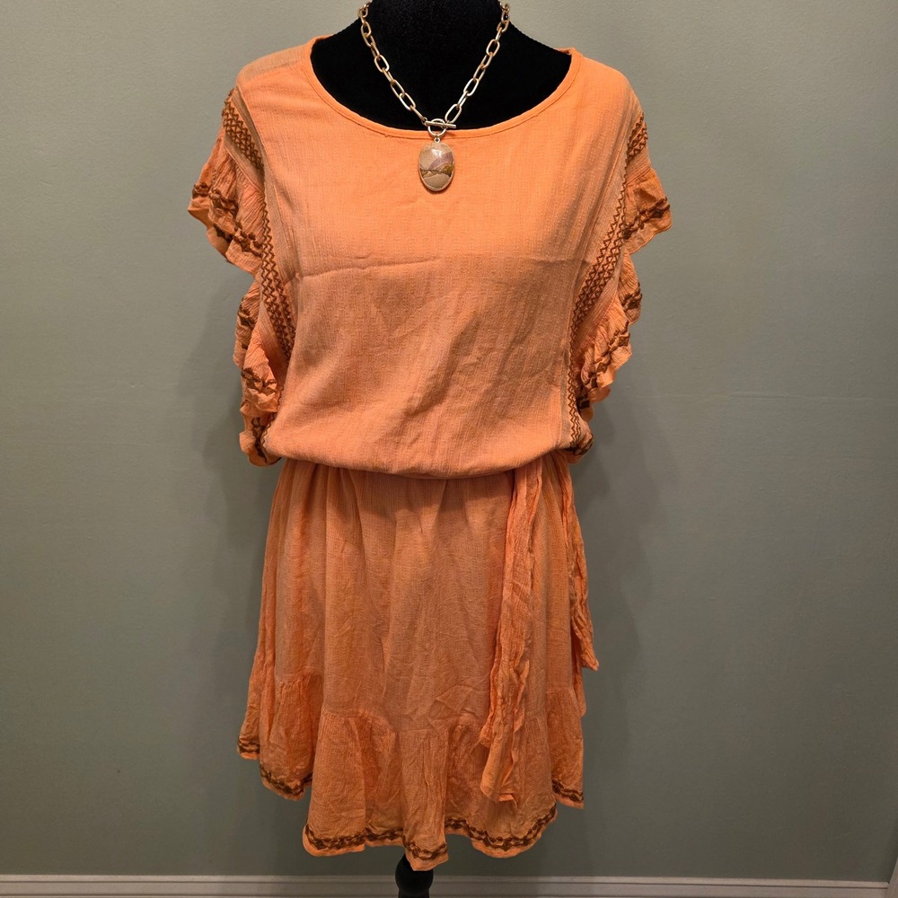 Free People Coral Orange Embroidered Ruffle Mini Dress Open Back Large H748